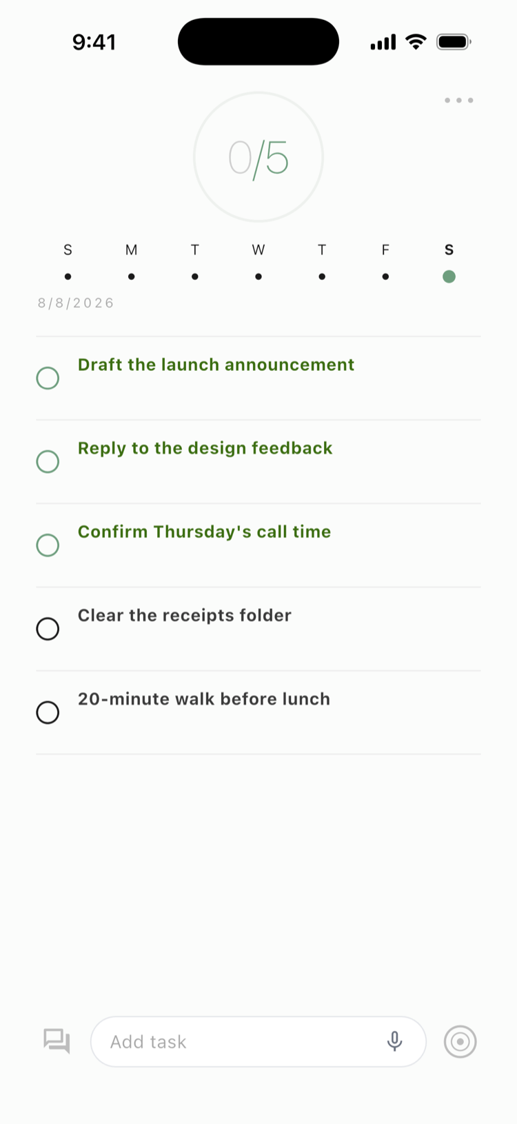 The do5 app: today's five priorities, the daily progress ring and the week strip